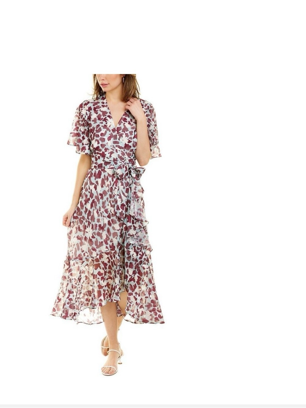Tanya Taylor Floral Wrap Midi Dress in Burgundy and White.